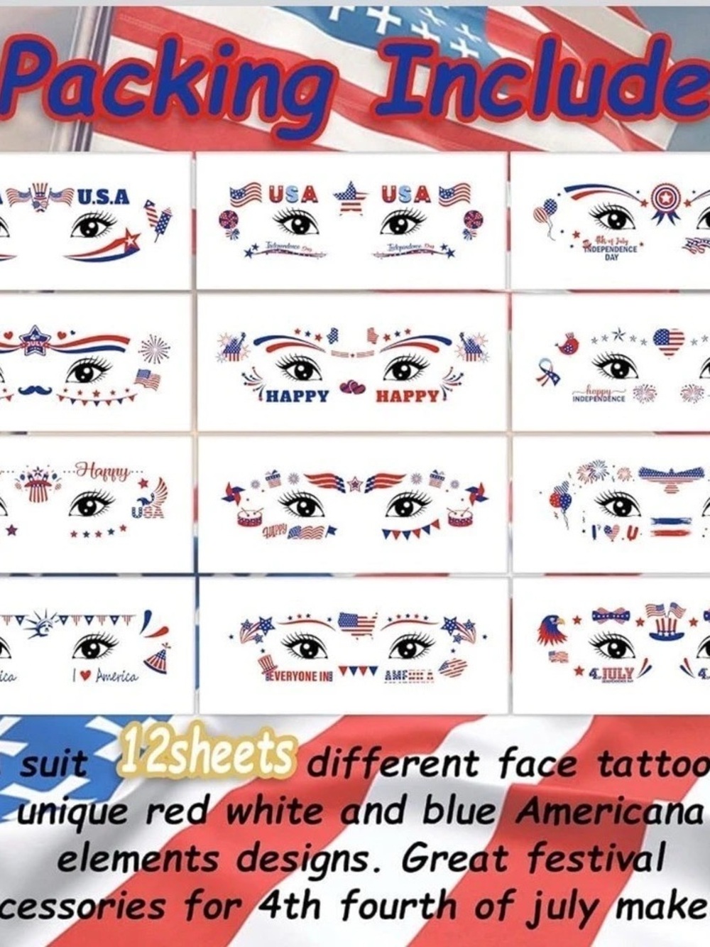 4th of July Face Tattoos Red White & Blue Temporary Face Tattoos NWT